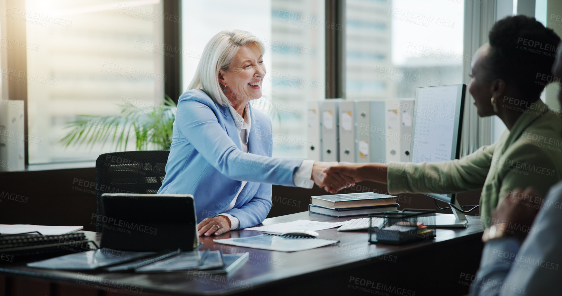 Buy stock photo Business, woman and handshake with couple in consultation for welcome, insurance planning and advice. Financial advisor, people or shaking hands in office for compliance agreement or asset management