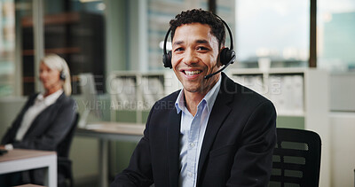 Buy stock photo Man, call center and portrait in coworking office for contact us, communication or telecom agency. Male consultant, customer service and CRM for help desk, support or advice with agent in workplace