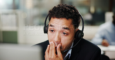 Buy stock photo Man, call center and computer with stress in office, communication or telecom mistake with burnout. Contact us, customer service and help desk fail, tired or fatigue with agent in coworking space