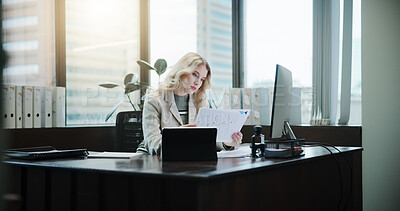 Buy stock photo Tablet, documents and reading with business woman in office for client invoice, account payroll and savings report. Feedback, finance statements and capital profit with person in agency for planning