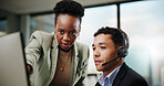 Call center, help and training with mentor on computer for customer service, consulting or sales advice in office. People, team or telemarketing manager with discussion, coaching intern or contact us
