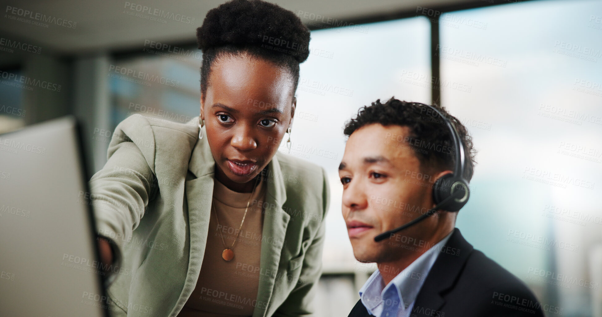 Buy stock photo Call center, help and training with mentor on computer for customer service, consulting or sales advice in office. People, team or telemarketing manager with discussion, coaching intern or contact us
