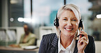 Mature woman, portrait and headset for call center consultant, communication or happy with help desk support. Smile, telecom and female person with online advice, customer service and outbound space