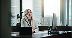 Woman, phone call and smile at office with contact for recruitment with documents at HR company. Person, human resources manager and smartphone for hiring process, interview and happy at agency