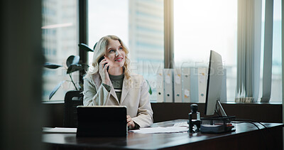 Buy stock photo Woman, phone call and smile at office with contact for recruitment with documents at HR company. Person, human resources manager and smartphone for hiring process, interview and happy at agency