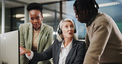 Buy stock photo Call center, team and mentor coaching on computer for customer service, collaboration or sales advice. People, contact us and telemarketing manager with discussion, help interns or training in office