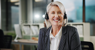 Buy stock photo Consultant, mature woman or portrait for customer service chat, sales consulting or loan help. Call center, financial advisor or finance questions in office with headset for feedback or banking limit