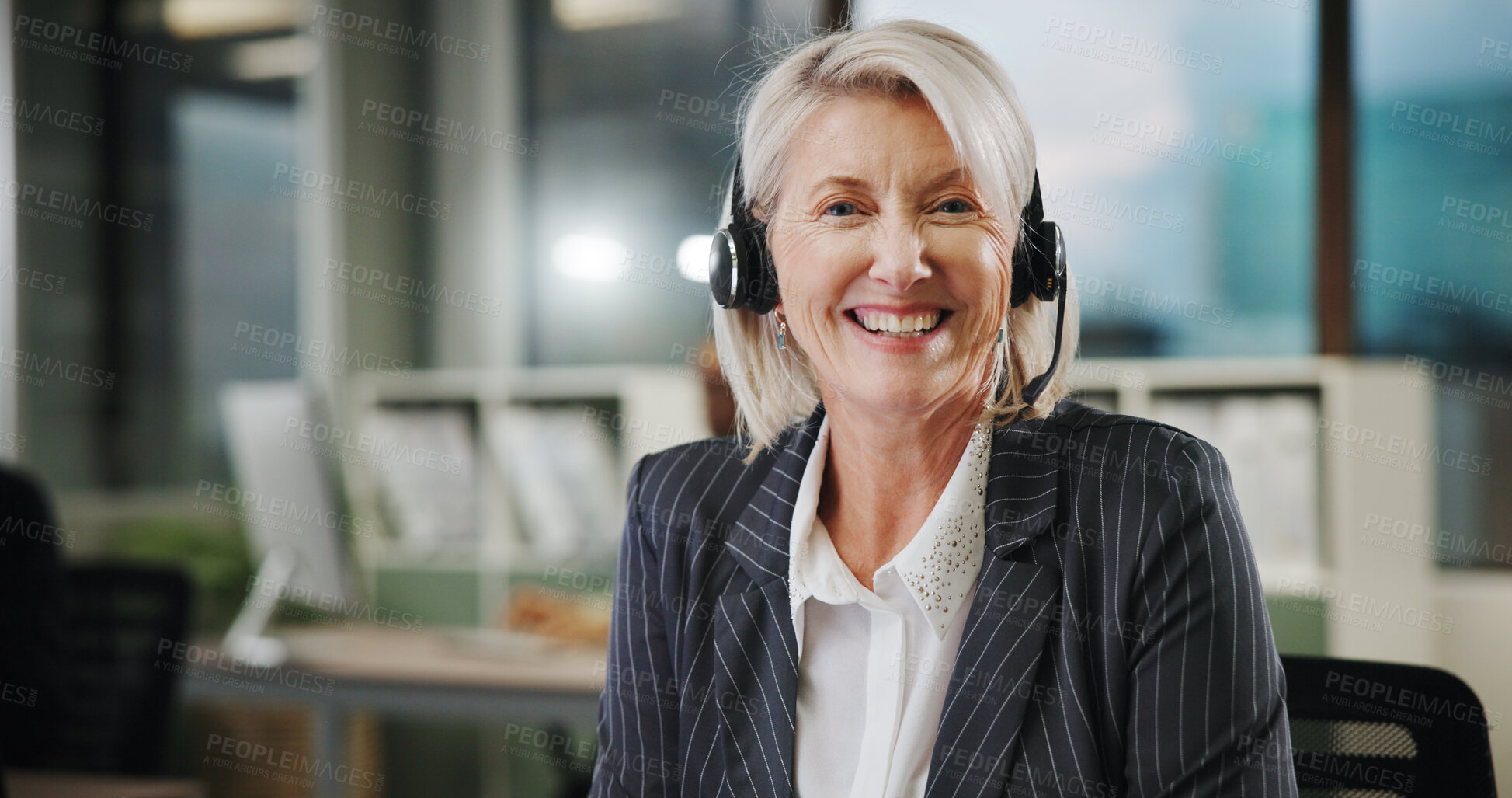 Buy stock photo Consultant, mature woman or portrait for customer service chat, sales consulting or loan help. Call center, financial advisor or finance questions in office with headset for feedback or banking limit