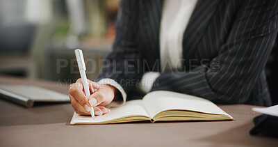 Buy stock photo Writing, notebook and hands of business woman in office for  schedule appointment, planning and checklist. To do list, calendar and agenda with closeup of person and journal for reminder and memo
