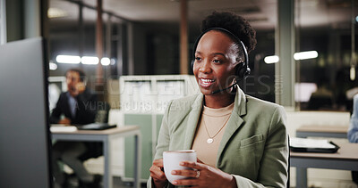 Buy stock photo Coffee, woman or computer for customer service help, sales consulting or loan advice in night. Call center, coworking or financial advisor in office with tea beverage for feedback or banking limit