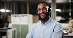 Portrait, black man or laughing for customer service help, sales consulting or loan advice in night. Call center, financial advisor or happy finance questions with smile for feedback or banking limit