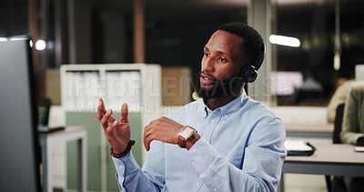 Buy stock photo Contact center, man or computer for customer service call, sales consulting or loan advice in night. Help, financial advisor or talking for finance questions with smile for feedback or banking limit