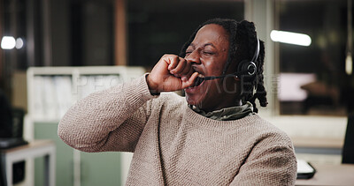 Buy stock photo Agent, tired or black man yawning in call center overwhelmed by telecom deadline, burnout or overtime. Headset, night or overworked consultant with fatigue, double shift and telemarketing service