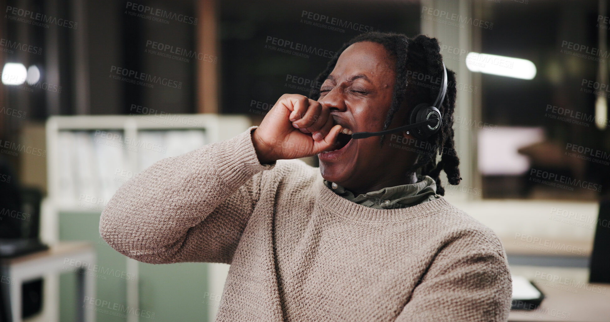 Buy stock photo Agent, tired or black man yawning in call center overwhelmed by telecom deadline, burnout or overtime. Headset, night or overworked consultant with fatigue, double shift and telemarketing service