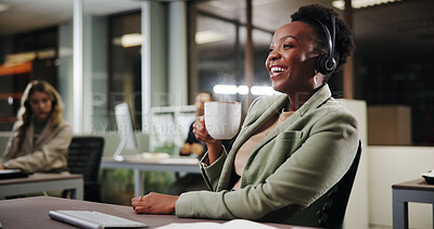 Buy stock photo Coffee, happy woman or computer for customer service advice, sales consulting or loan help in night. Call center, financial advisor or finance questions with tea for caffeine beverage or feedback