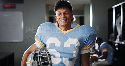 Buy stock photo Man, American football player and smile with portrait in locker room, pride or ready for sports contest. Person, athlete and happy with helmet, confident and excited for team competition at club