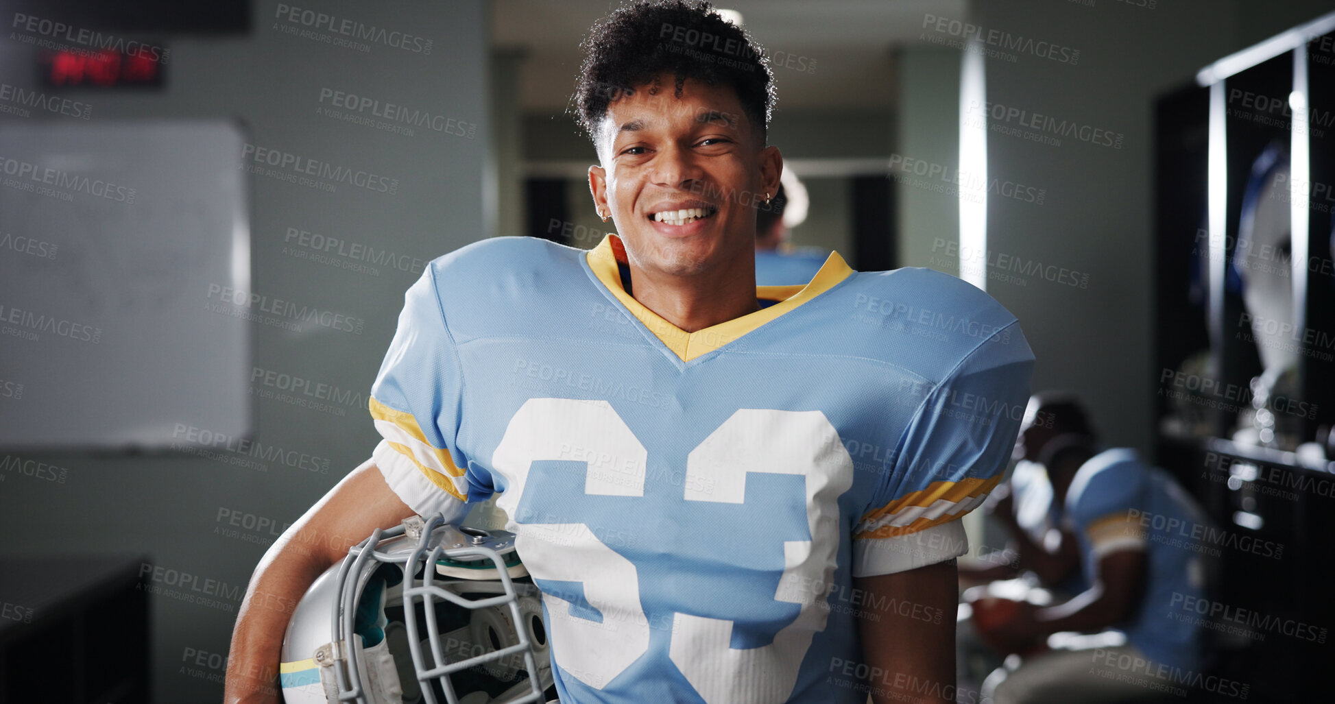 Buy stock photo Man, American football player and smile with portrait in locker room, pride or ready for sports contest. Person, athlete and happy with helmet, confident and excited for team competition at club