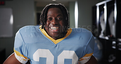 Buy stock photo Black man, American football player and happy in portrait in locker room, pride or ready for sport contest. Person, athlete and smile with confidence, career or excited for competition at club in USA