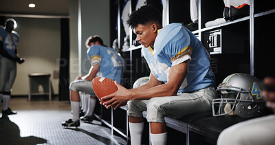 Buy stock photo Thinking, man and football player with ball in locker room for preparation, sports match and game plan. Athlete, waiting and half time for competition ideas, fitness challenge and  tournament choice