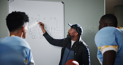 Buy stock photo Whiteboard, team and coach with football strategy in locker room for game plan or defense formation. Touchdown tactics, leadership or sports manager with people, match feedback and training analysis