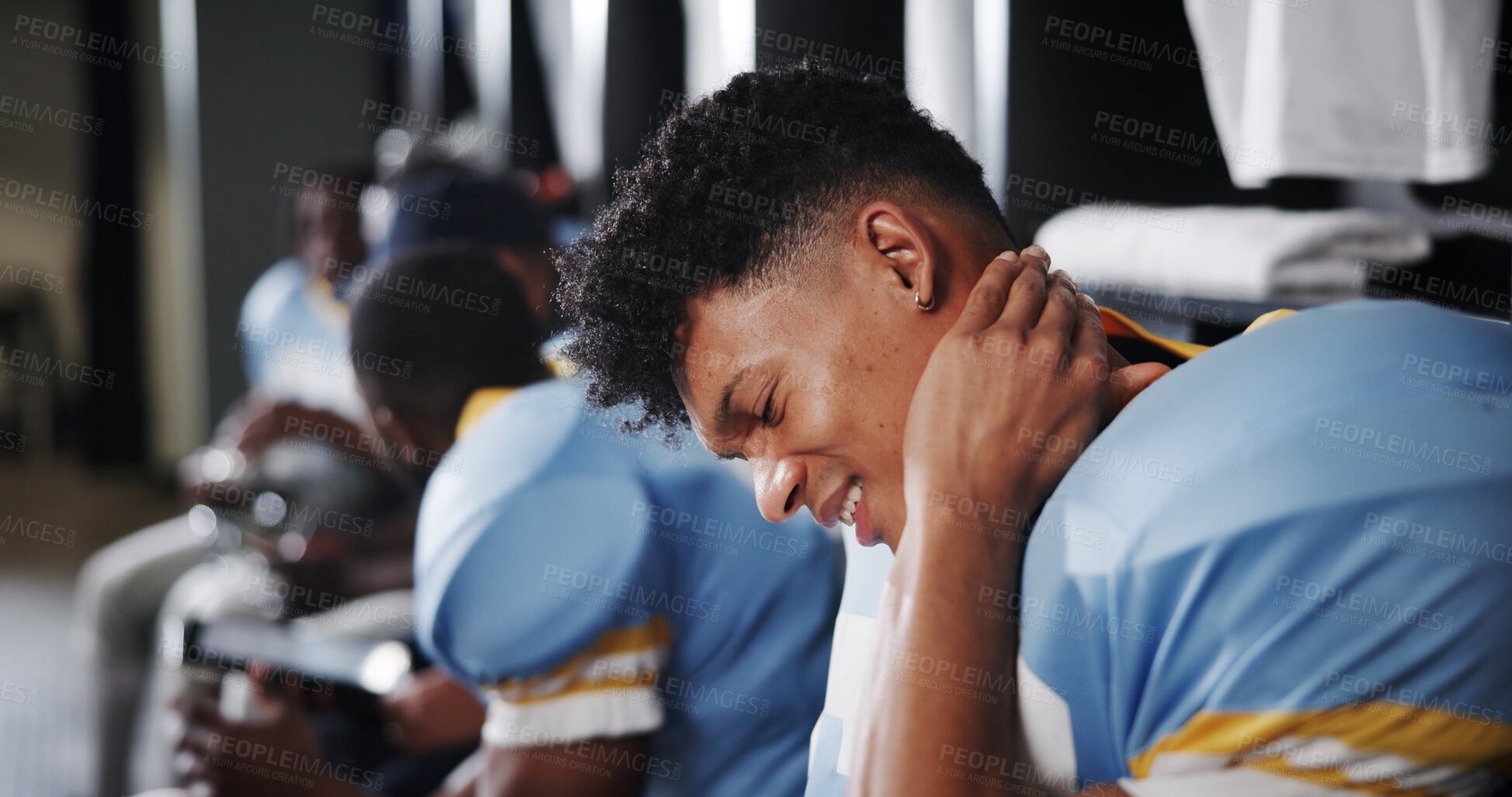 Buy stock photo Man, football player and neck pain with injury in locker room, frustrated or sprain with American sport. Person, muscle ache and athlete team with strain, bruise or massage for inflammation at club