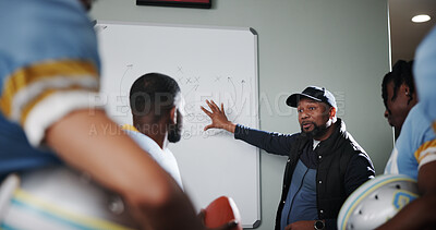 Buy stock photo Board, teamwork and football with coach and men in locker room for game plan, sports strategy or defense formation. Touchdown tactics, match feedback and discussion with people and training advice