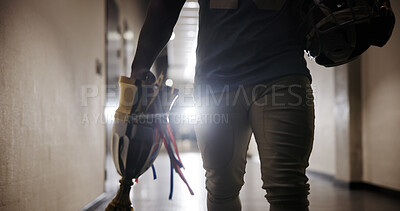 Buy stock photo Hands, person and sports trophy for football success, tournament winner and performance prize. Player, gold and award with competition champion for game goal, match achievement and celebration reward