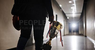 Buy stock photo Hands, athlete and person with trophy for football success, tournament winner and performance prize. Player, gold award or competition champion for game goal, match achievement and celebration reward