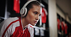 Thinking, soccer and woman with headphones for music, audio and radio for training. Football, sports and person listening to track for exercise, fitness and workout for match, game and practice