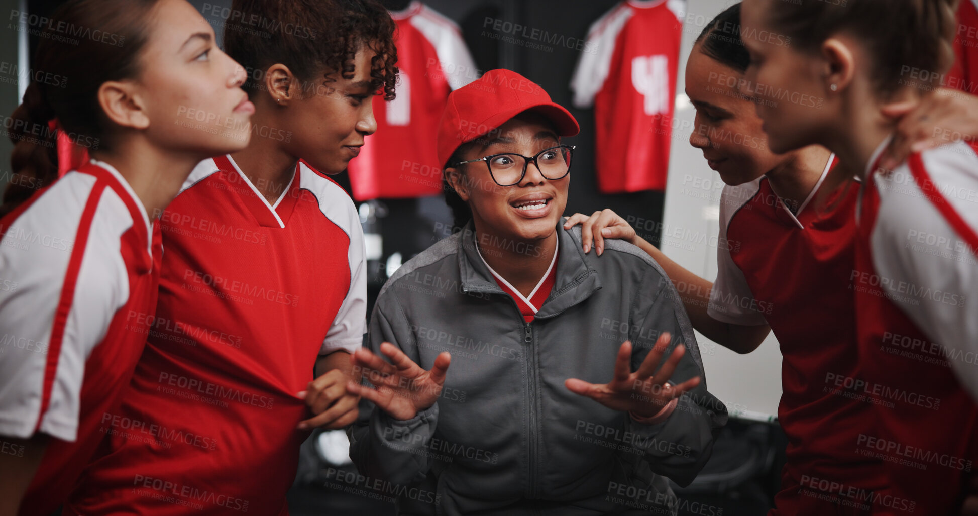 Buy stock photo Women, coach and discussion with soccer team for motivation or collaboration in locker room. Female people, coordinator or talking with group or sport players in huddle for idea, game plan or match
