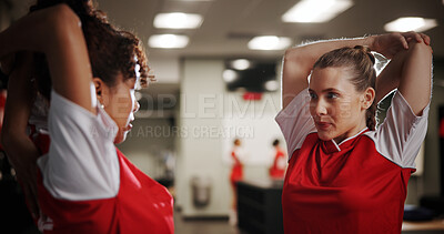 Buy stock photo Team, soccer and women in locker room for stretching, preparation for match with conversation and warm up. Football player, sports and people ready for tournament, competition and fitness with chat