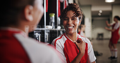 Buy stock photo Team, soccer and women in locker room for chat, game or bonding together at match. Football, smile and girl friends in cloakroom for sports players, conversation and planning for competition