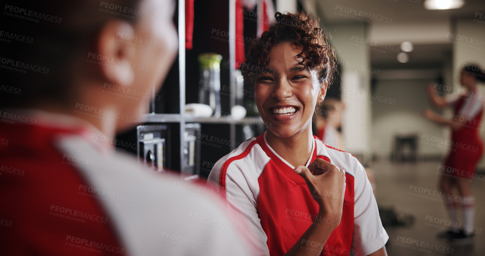 Buy stock photo Team, soccer and women in locker room for chat, game or bonding together at match. Football, smile and girl friends in cloakroom for sports players, conversation and planning for competition