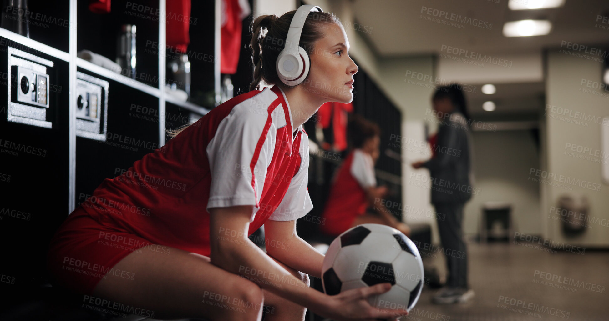Buy stock photo Thinking, ball and soccer woman with headphones for music, audio and radio for training. Football, rest and person listen to track for exercise, fitness and workout for match, game and practice