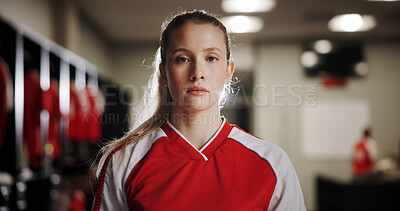 Buy stock photo Locker room, girl or soccer player in portrait for sports, match competition or tournament. Serious, development or woman in changing area ready for football game, challenge or playing in contest 