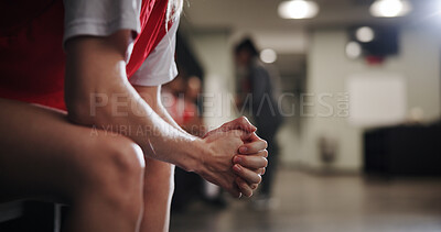 Buy stock photo Soccer player, hands and nervous in locker room for competition, sport game or difficult match. Closeup, football or athlete with anxiety or pressure for failure, bad loss or half time on bench