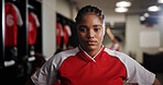Club, black woman or soccer player in portrait for sports, match competition or tournament. Locker room, development or girl in changing area ready for football game, challenge or playing in contest