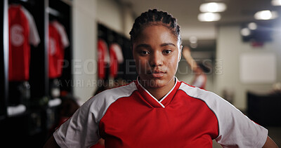 Buy stock photo Club, black woman or soccer player in portrait for sports, match competition or tournament. Locker room, development or girl in changing area ready for football game, challenge or playing in contest