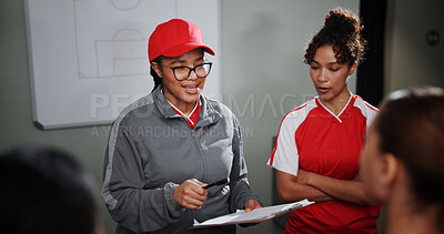 Buy stock photo Women, coach and meeting with soccer players for game plan, strategy or discussion together. Female people, trainer or coordinator talking to group or team with clipboard for sport match or formation