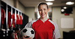 Locker room, happy woman and portrait with football for sports, match competition and athlete with smile. Changing area, player and female person with pride for soccer, game and confident for playing