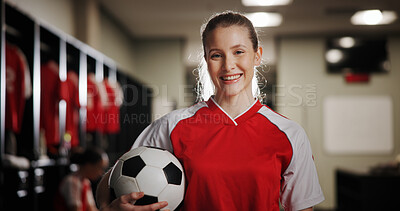 Buy stock photo Locker room, happy woman and portrait with football for sports, match competition and athlete with smile. Changing area, player and female person with pride for soccer, game and confident for playing