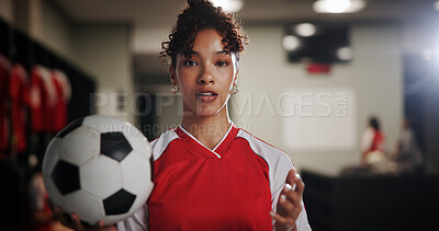 Buy stock photo Locker room, woman and portrait with football player for sports, match competition and athlete. Changing area, professional and female person with pride for soccer, game and confident for playing