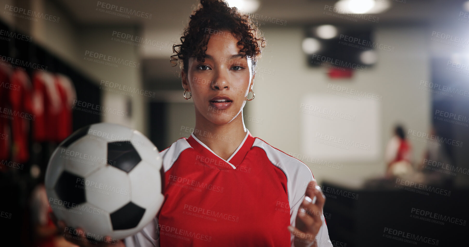 Buy stock photo Locker room, woman and portrait with football player for sports, match competition and athlete. Changing area, professional and female person with pride for soccer, game and confident for playing