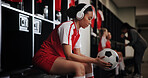Thinking, soccer ball and woman with headphones for music, audio and radio for training. Relax, sports and person listening to track for exercise, practice and workout for match, game and tournament