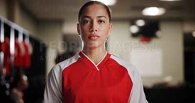 Buy stock photo Serious, woman or soccer player in portrait for sports, match competition or tournament. Locker room, development or girl in changing area ready for football game, challenge or playing in contest 