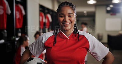 Buy stock photo Happy girl, portrait and soccer player in locker room for sport, game or match preparation. Face, female person or professional athlete with smile for football tournament, competition or challenge
