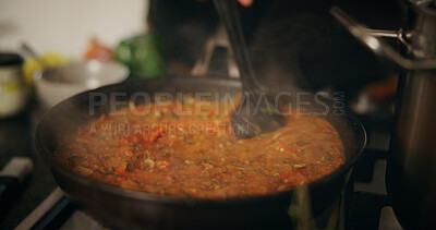 Buy stock photo Hands, chef and sauce for meal, pan and preparation for dinner in kitchen, catering and culinary skills. Cooking, cuisine and person with food for supper, seasoning and mixing ingredients for flavor