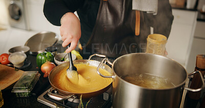 Buy stock photo Hands, cooking and chef with pot, culinary and preparation for dinner in kitchen, cuisine or restaurant. Catering, employee and person with food for supper, hospitality or skills for gourmet in diner