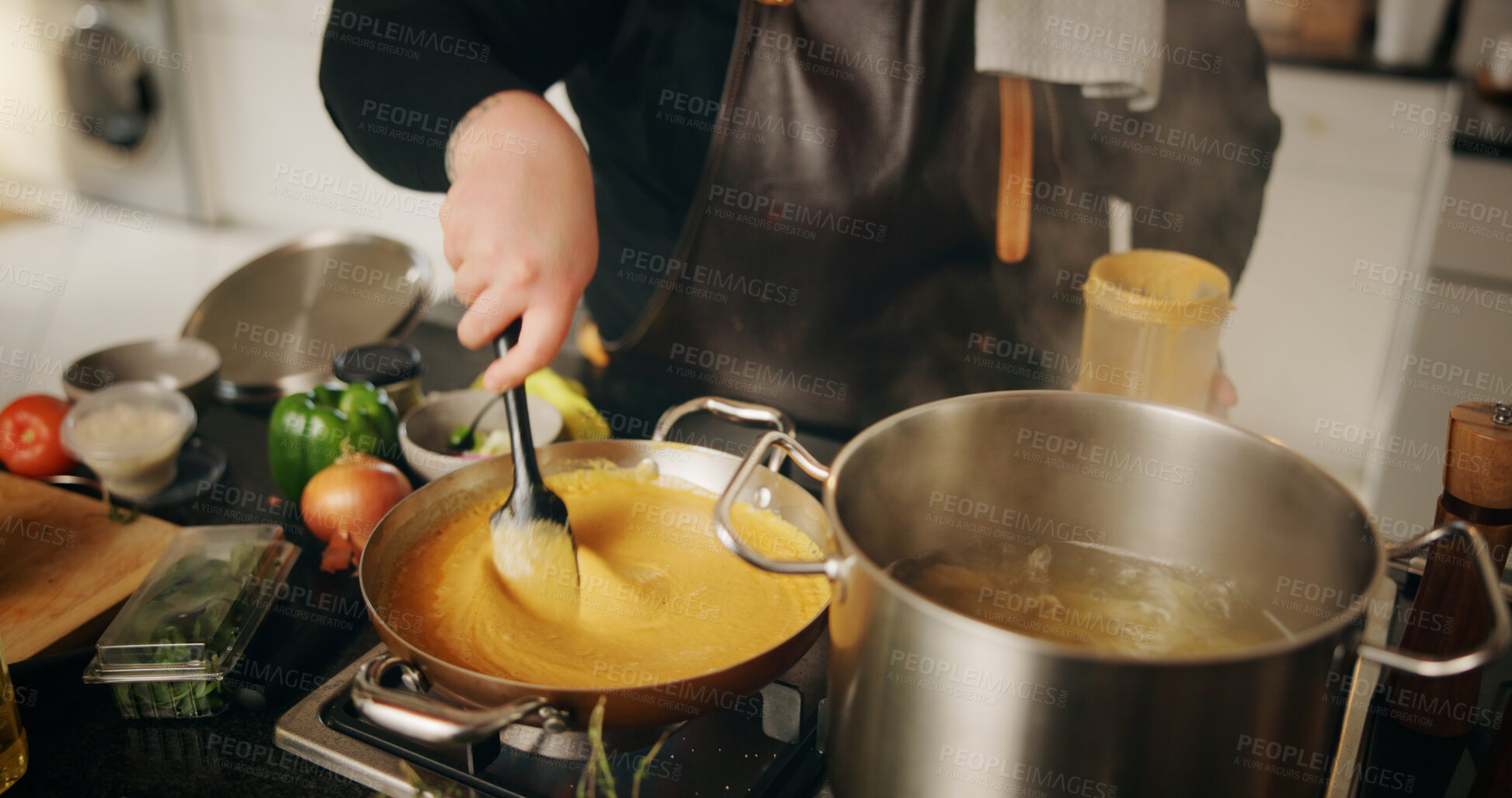 Buy stock photo Hands, cooking and chef with pot, culinary and preparation for dinner in kitchen, cuisine or restaurant. Catering, employee and person with food for supper, hospitality or skills for gourmet in diner
