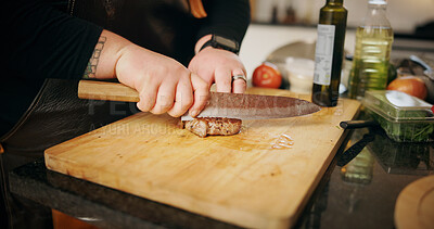 Buy stock photo Hands, knife and steak with person in kitchen for food, diet and meal prep and cooking. Nutrition, beef cuisine and dinner recipe with meat at home for wellness, luxury dining and gourmet ingredients